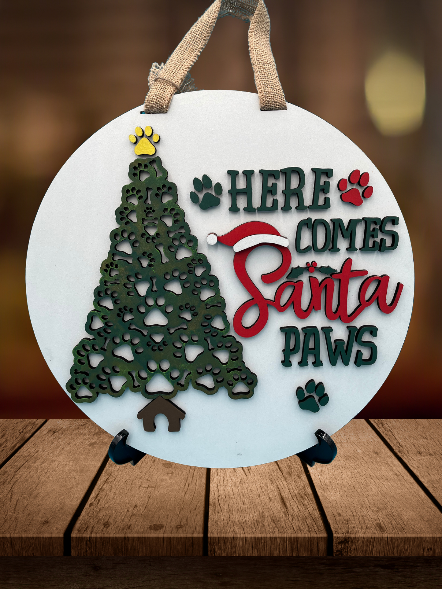 "Here Comes Santa Paws" Paw Print Tree Door Sign