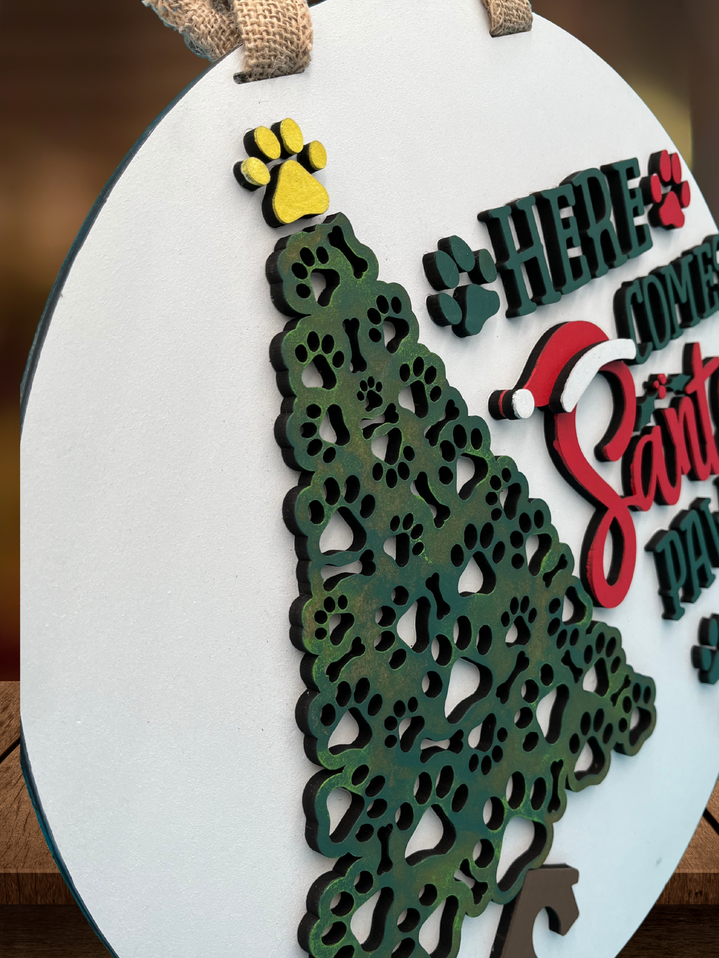 "Here Comes Santa Paws" Paw Print Tree Door Sign