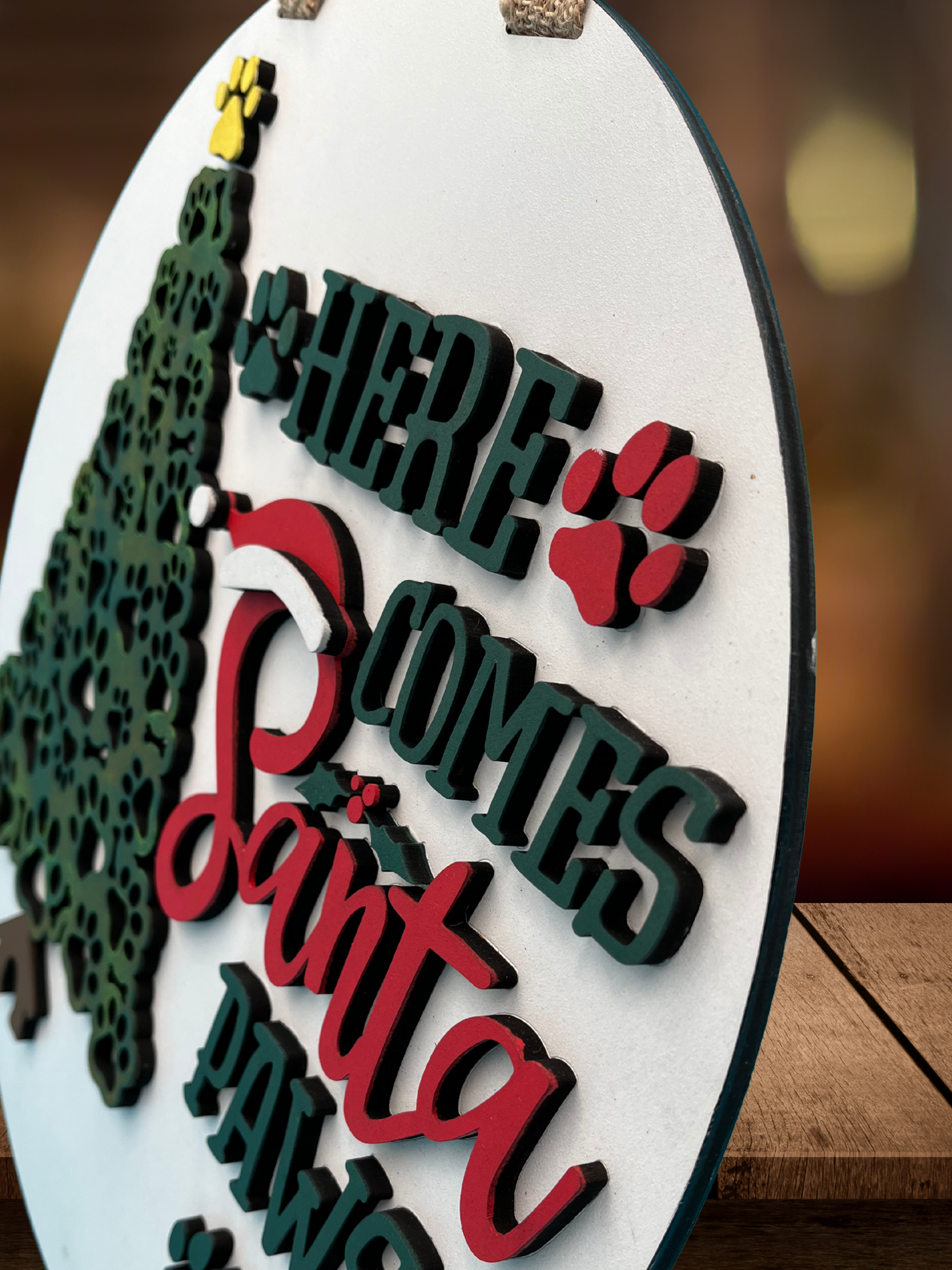 "Here Comes Santa Paws" Paw Print Tree Door Sign