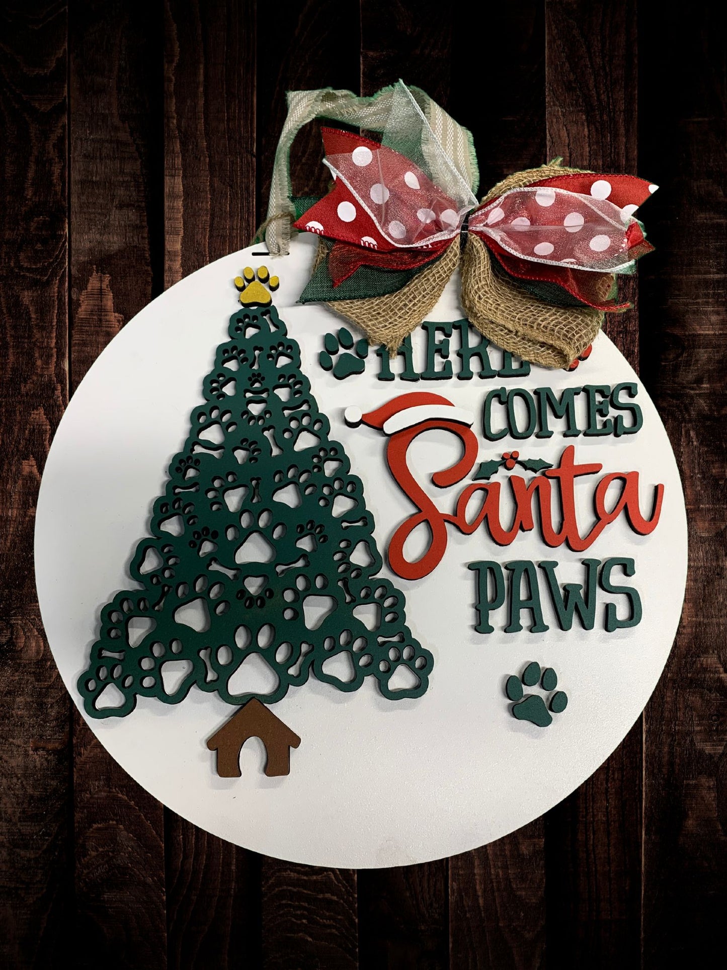 "Here Comes Santa Paws" Paw Print Tree Door Sign