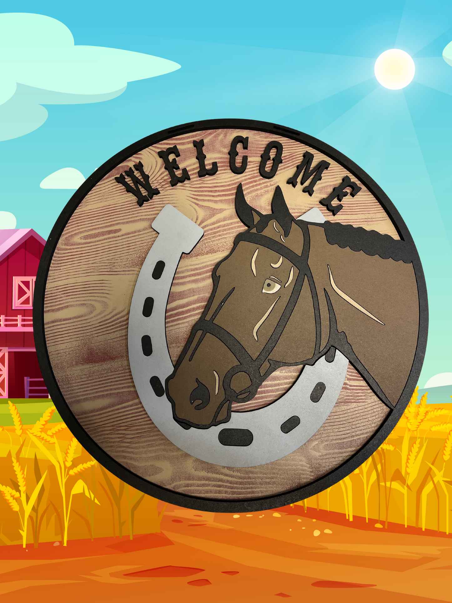Welcome Door Sign with Horseshoe and Horse Design