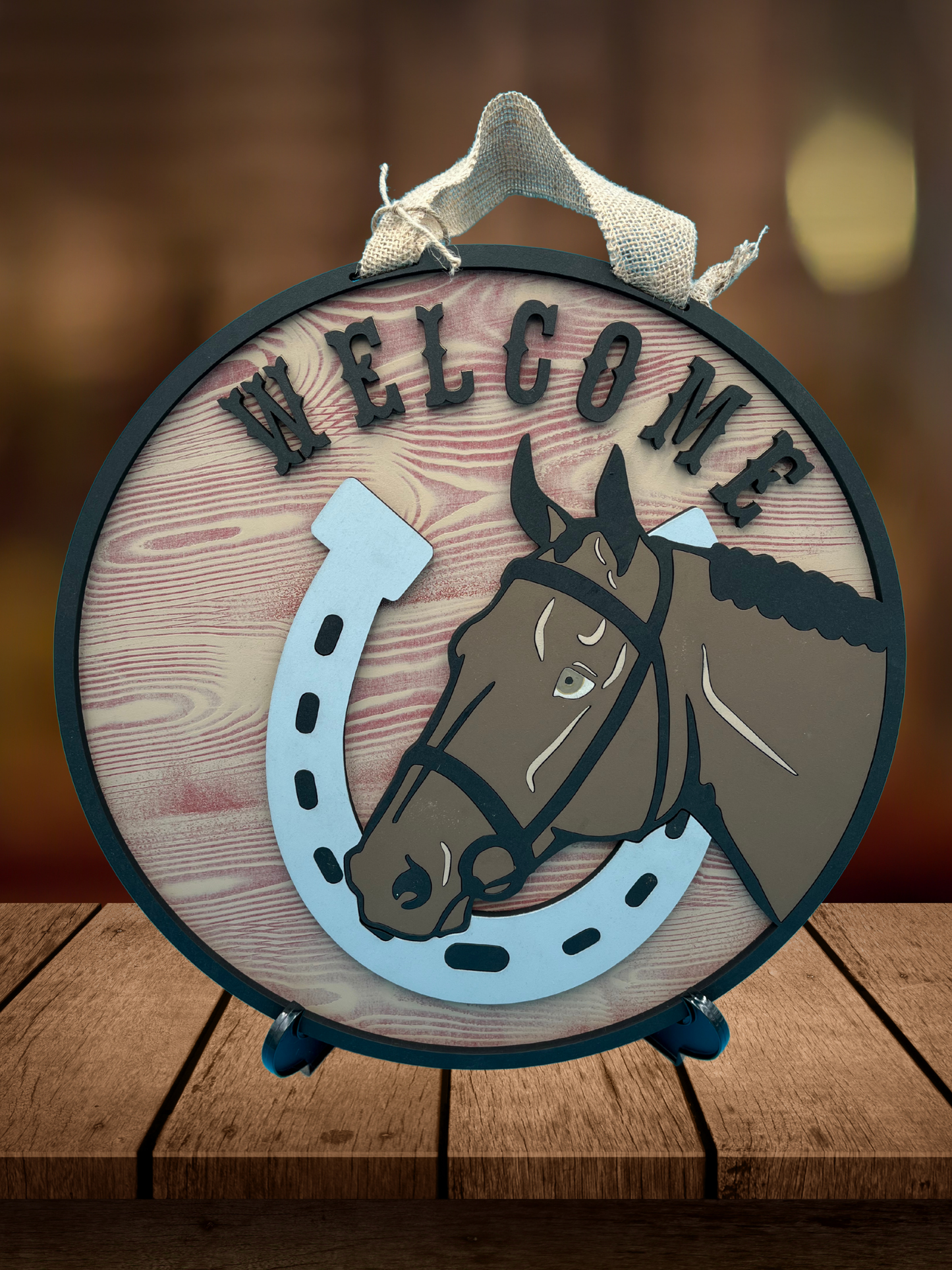 Welcome Door Sign with Horseshoe and Horse Design