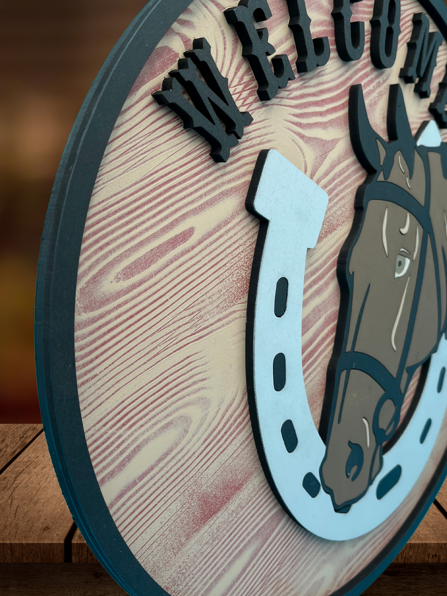 Welcome Door Sign with Horseshoe and Horse Design
