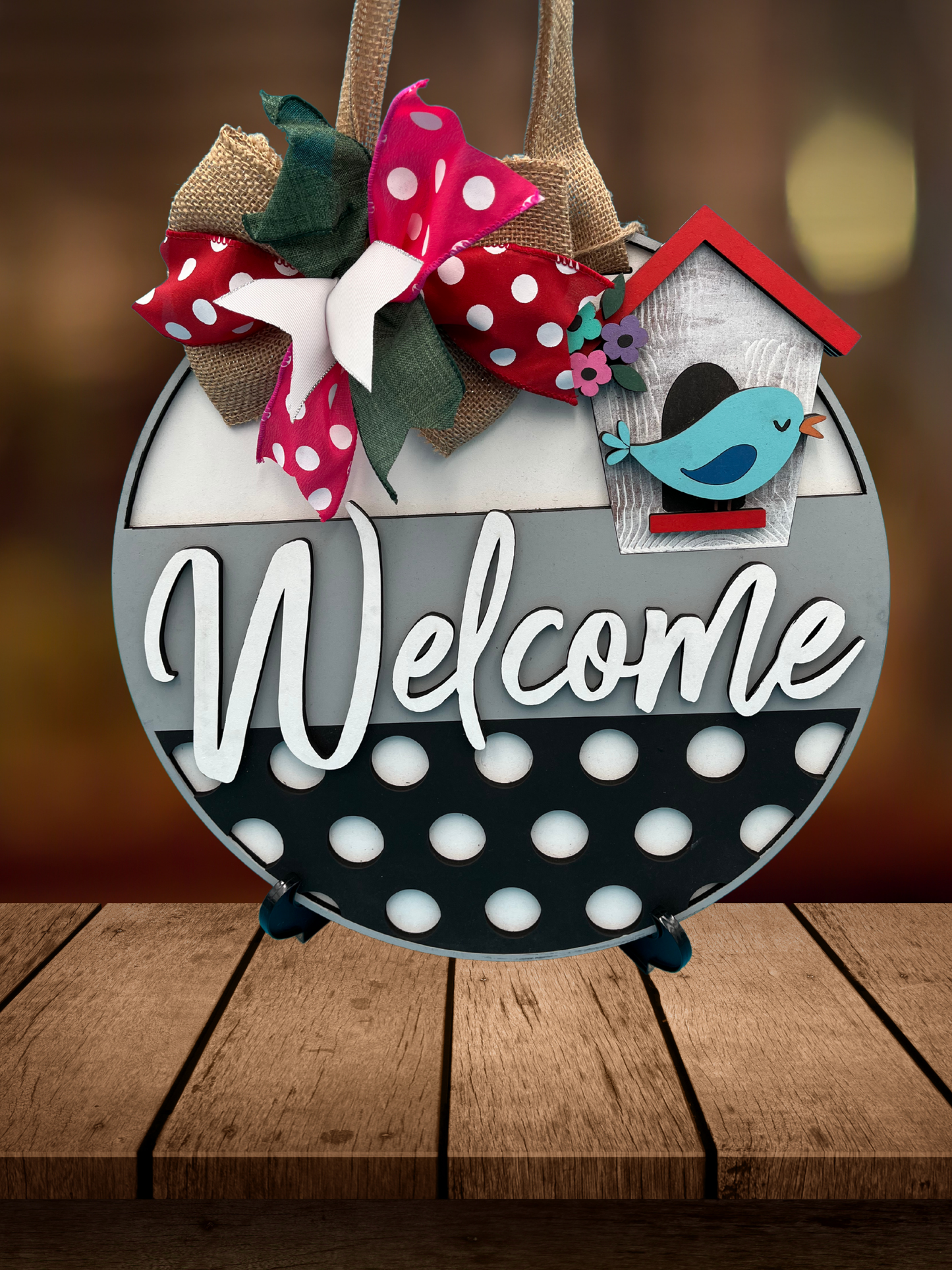 Welcome Blue Bird and Birdhouse Door Sign