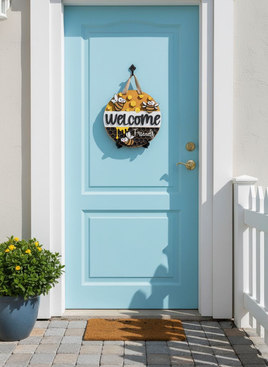 Welcome Friends Bee Door Hanger – 3D Bee & Honeycomb Door Decor | Handmade Rustic Welcome Sign