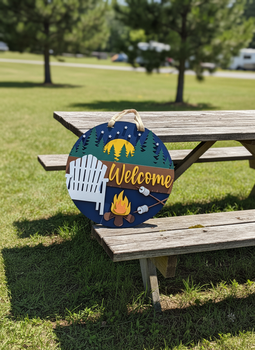 "Welcome" Campfire Scene Door Sign – Rustic Outdoor Home Decor