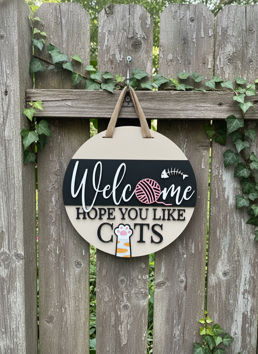 "Welcome, Hope You Like Cats" Door Sign – Cat Lover Home Decor