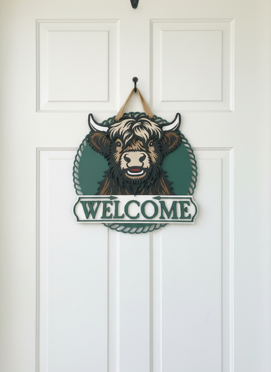 Highland Cow Door Sign – Handcrafted Farmhouse & Rustic Home Décor