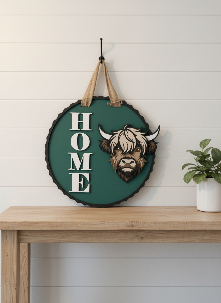 Highland Cow “Home” Door Sign – Handcrafted Farmhouse & Rustic Home Décor