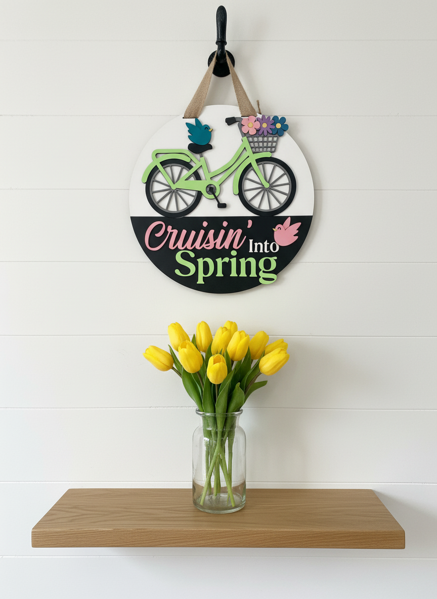 Cruisin’ Into Spring Bicycle Door Sign | Layered Wood Spring Decor | Front Door Hanger | Handmade Seasonal Welcome Sign