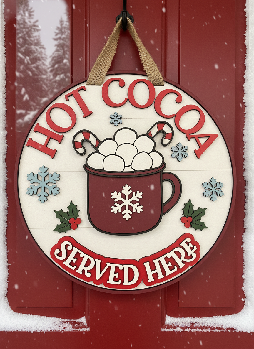 Hot Cocoa Served Here Sign – 3D Layered Wood Christmas Decor | Holiday Kitchen & Coffee Bar Accent