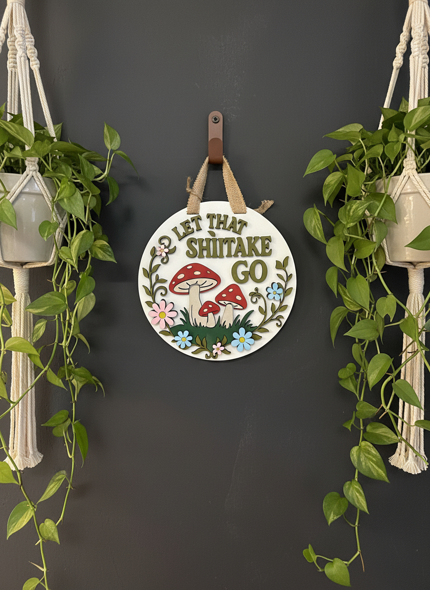 Let That Shiitake Go Sign – Funny Mushroom Wall Decor | Handmade Cottagecore Home Accent