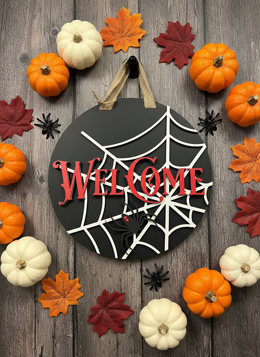 Halloween Spider Web Welcome Door Sign – Handcrafted Spooky Home Décor
