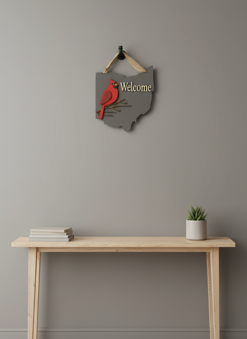 Ohio Cardinal Welcome Sign – 3D Layered Wood Door Decor | Handmade State Pride Front Door Sign