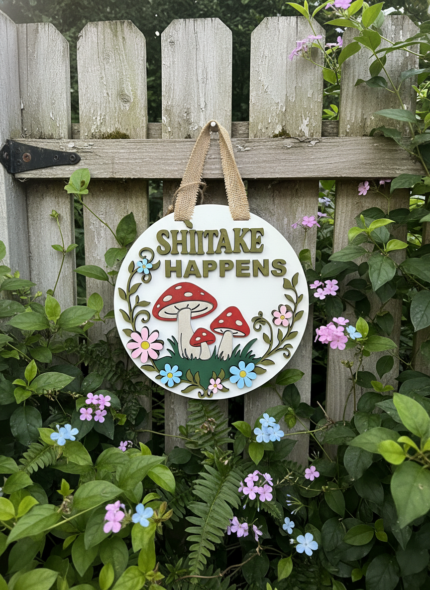Shiitake Happens Sign | Funny Mushroom Wall Decor | Handmade Cottagecore Decor