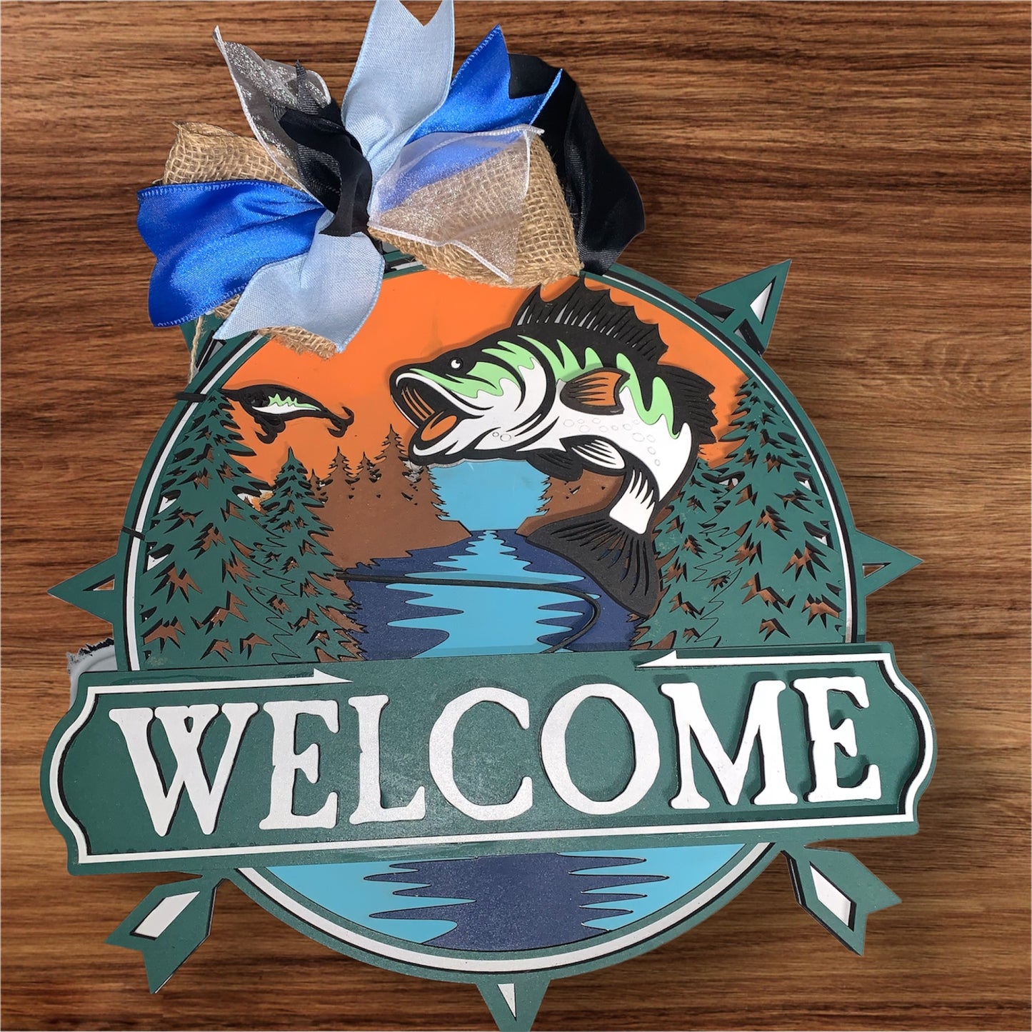 Welcome Bass and Lake Scene Door Sign