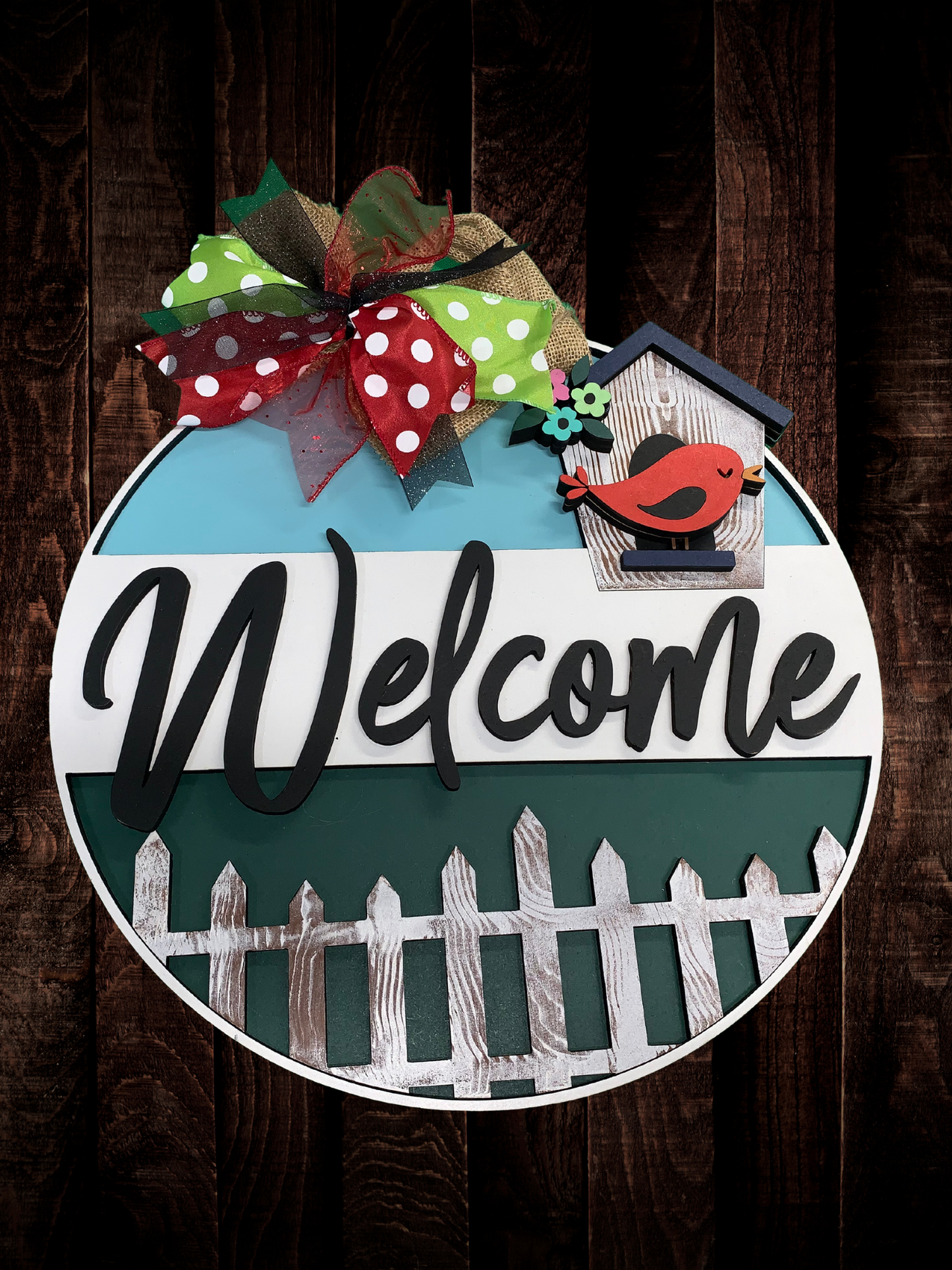 Welcome Red Bird and Birdhouse Door Sign