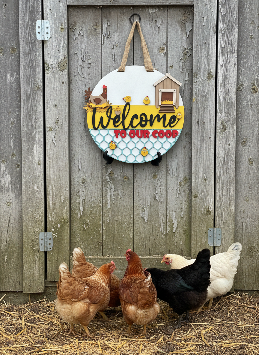 Welcome to Our Coop Hen and Chicks Door Sign