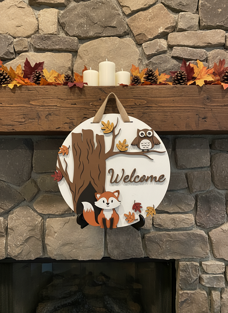 Owl and Fox “Welcome” Door Sign – Woodland & Nature-Inspired Home Décor