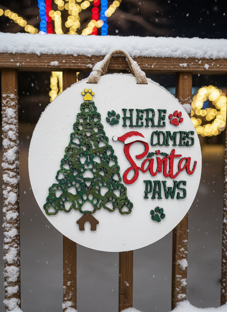 "Here Comes Santa Paws" Door Sign – Festive Christmas Decor for Pet Lovers