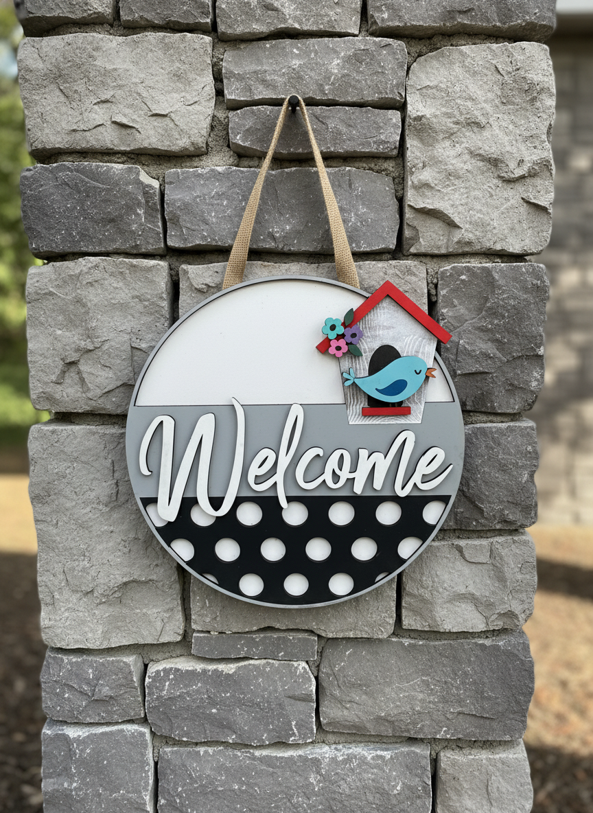 Welcome Blue Bird and Birdhouse Door Sign