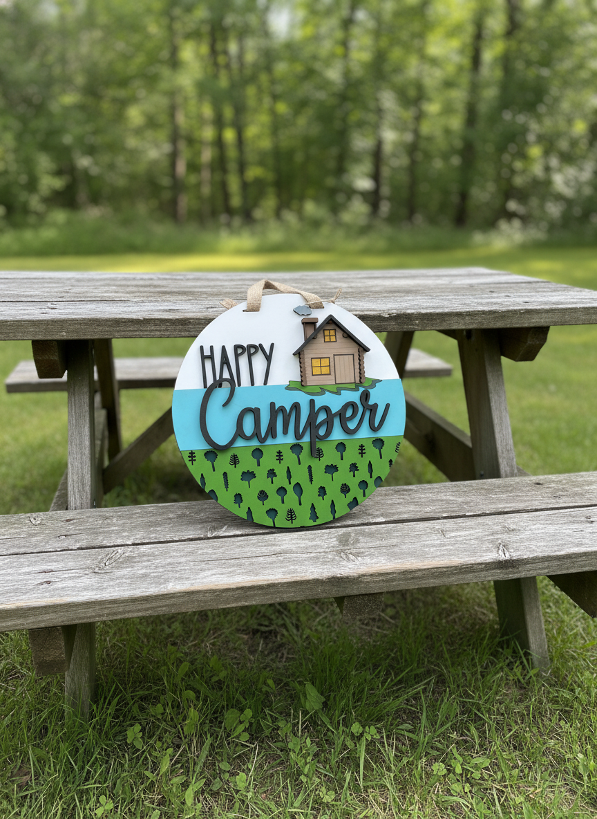 Happy Camper Door Hanger – 3D Wood Camping Decor | Cabin, RV & Lake House Welcome Sign