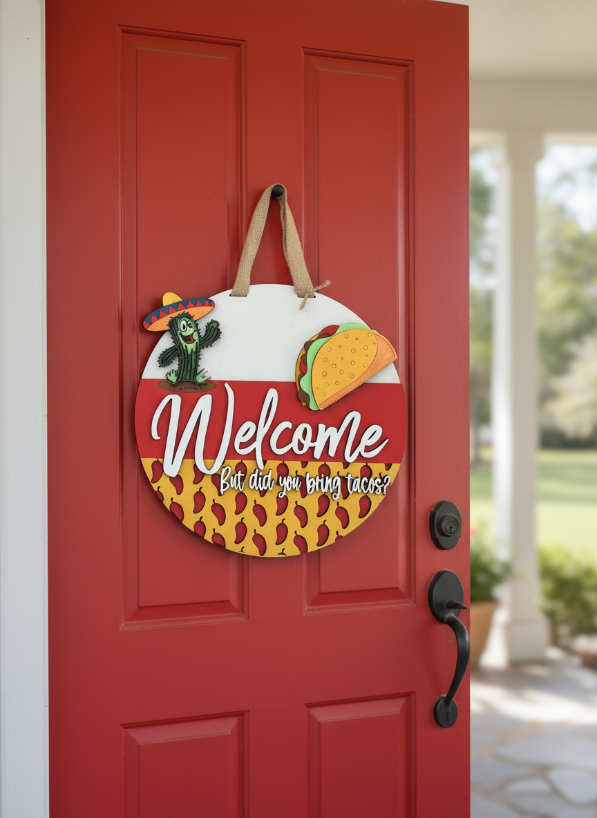 "Welcome, But Did You Bring Tacos?" Door Sign – Fun & Playful Home Decor