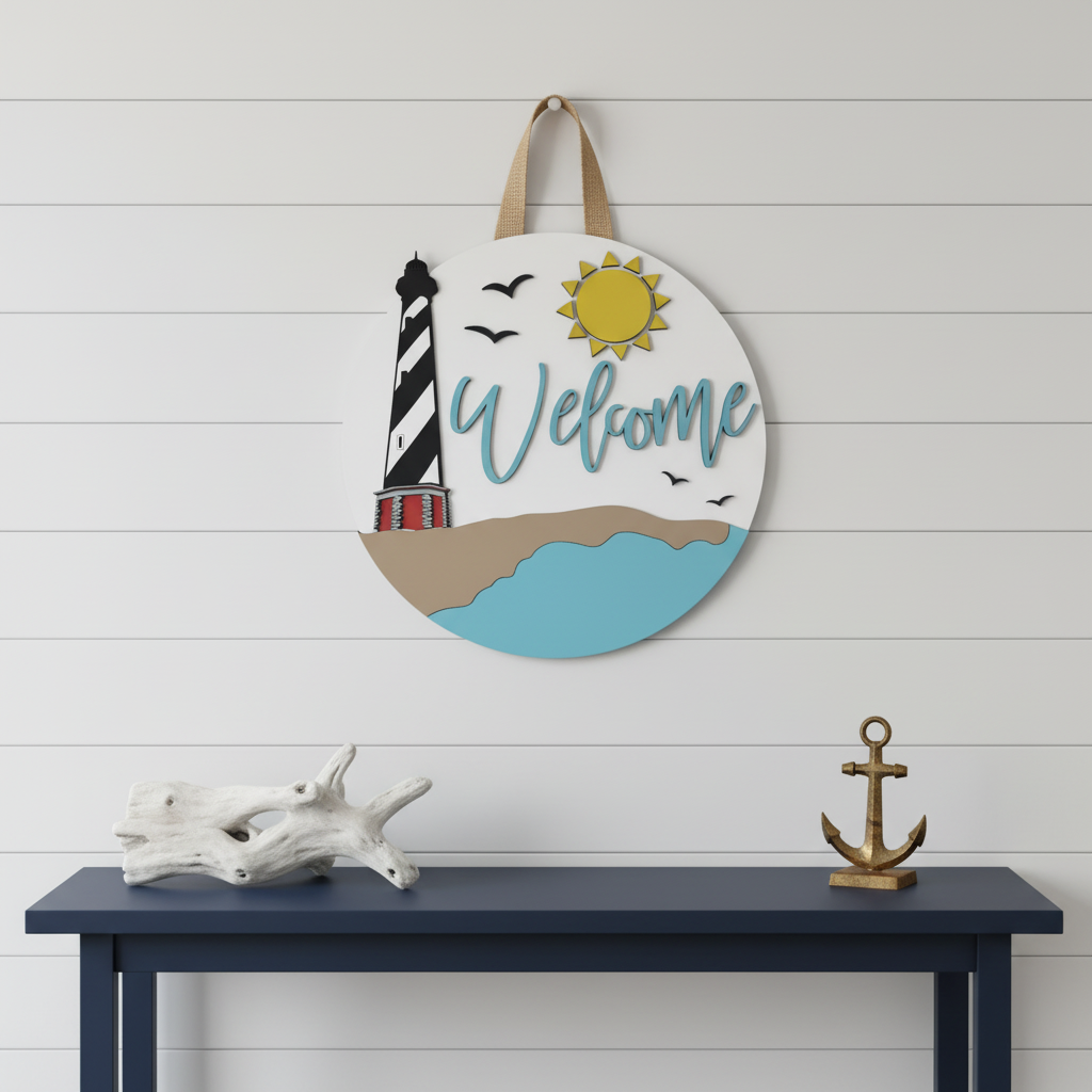 Coastal Lighthouse Welcome Sign – 3D Wood Door Decor | Handmade Beach House Accent
