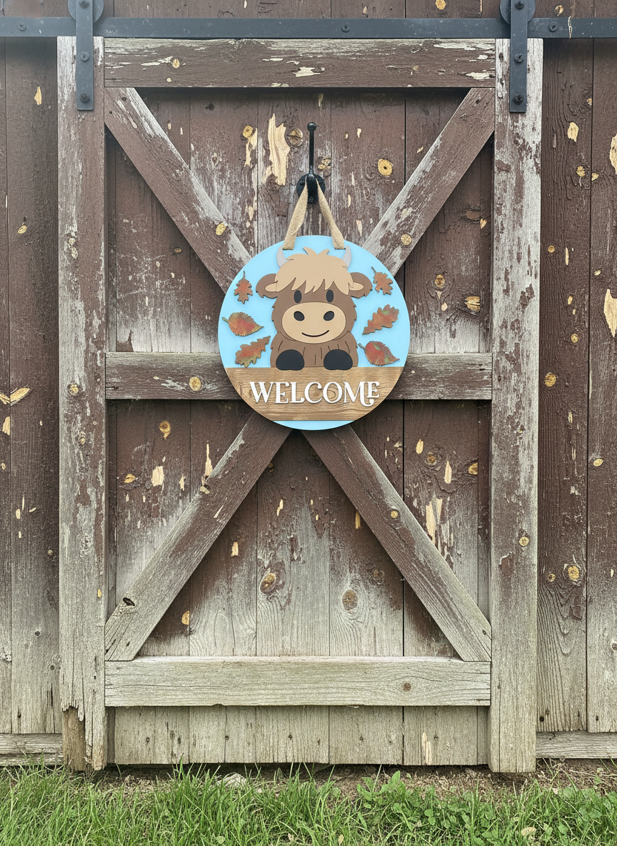 Highland Cow Hey Y’all Door Hanger – 3D Wood Farmhouse Fall Welcome Sign