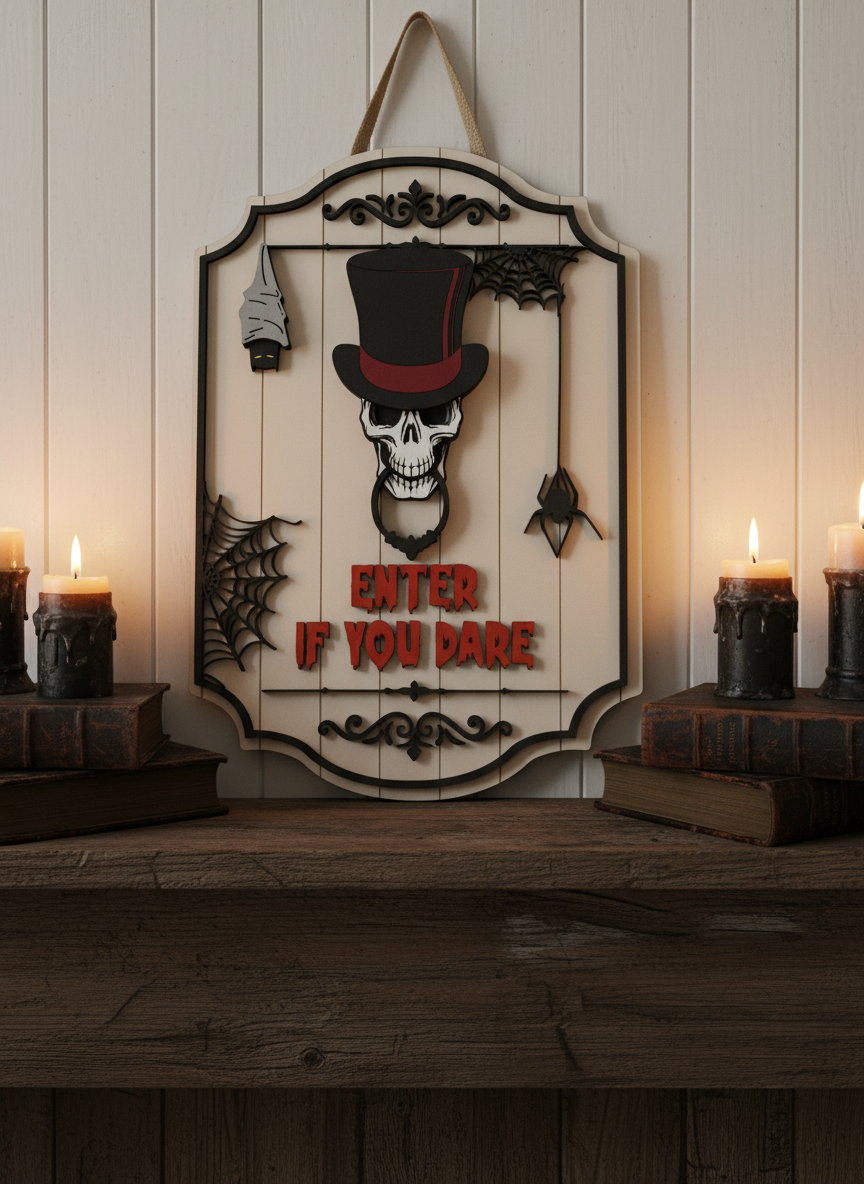 "Enter If You Dare" Skull, Bat, and Spider Door Sign – Spooky Halloween Decor