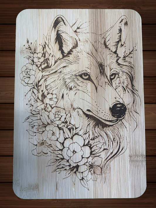 Laser Engraved Bamboo Cutting Board with Wolf Design – 6" x 8"