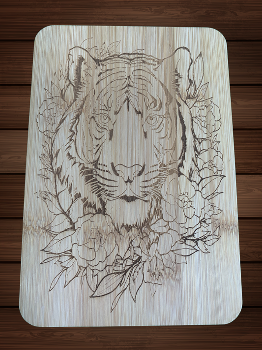 Laser Engraved Bamboo Cutting Board with Tiger Design – 6" x 8"