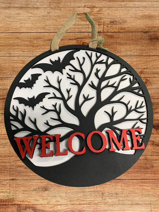 "Welcome" Spooky Tree and Bats Door Sign