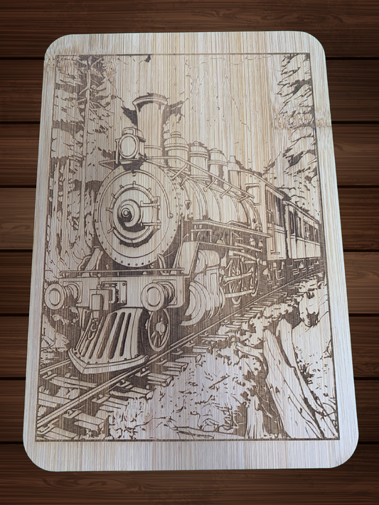 Laser Engraved Bamboo Cutting Board with Train Design – 6" x 8"