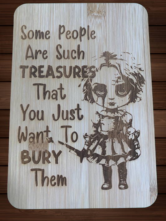 Laser Engraved Bamboo Cutting Board with Creepy Girl Design – 6" x 8"