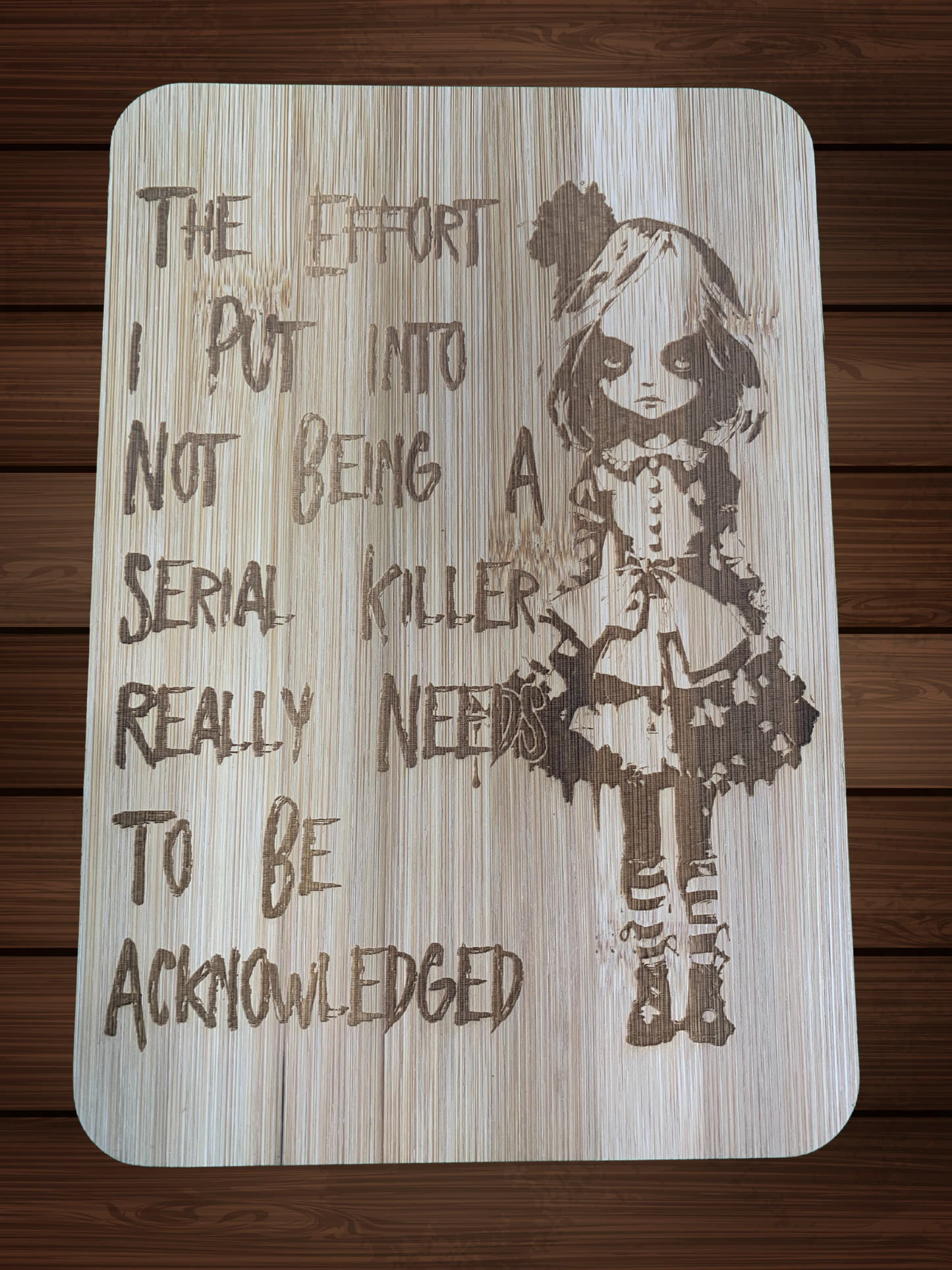 Laser Engraved Bamboo Cutting Board with Creepy Girl Design – 6" x 8"