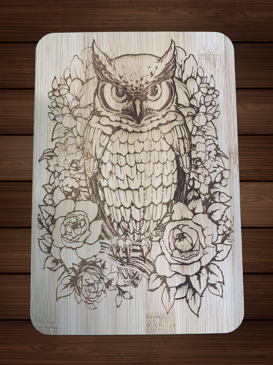 Laser Engraved Bamboo Cutting Board with Owl Design – 6" x 8"