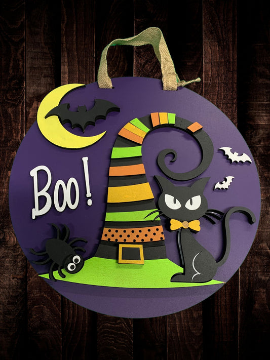 "Boo" Witches Hat and Black Cat Door Sign