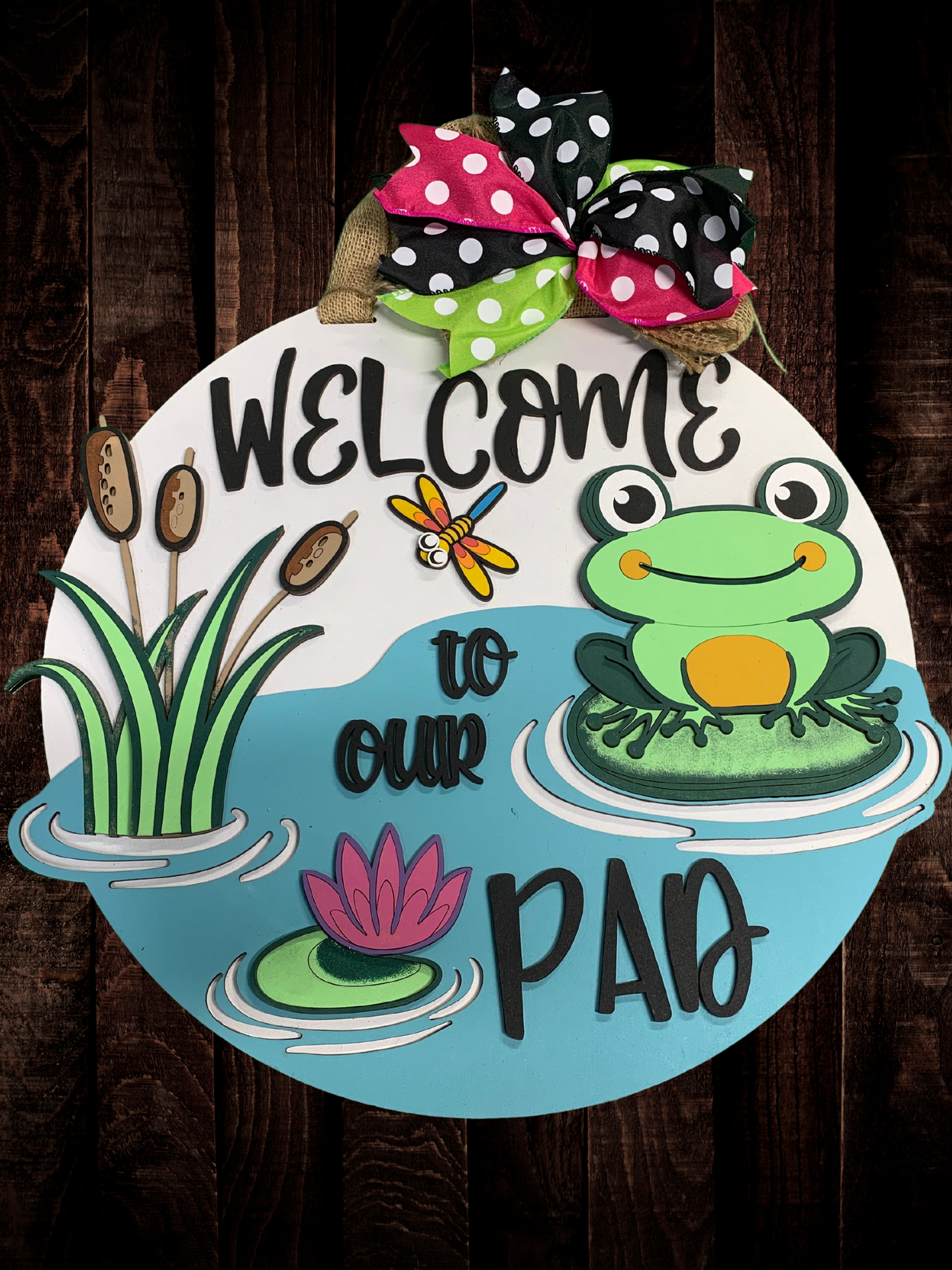 Welcome to Our Pad Frog and Dragonfly Door Sign