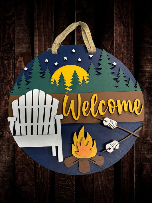 "Welcome" Campfire Scene Door Sign – Rustic Outdoor Home Decor