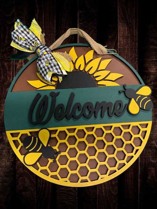 "Welcome" Sunflower and Bees Door Sign