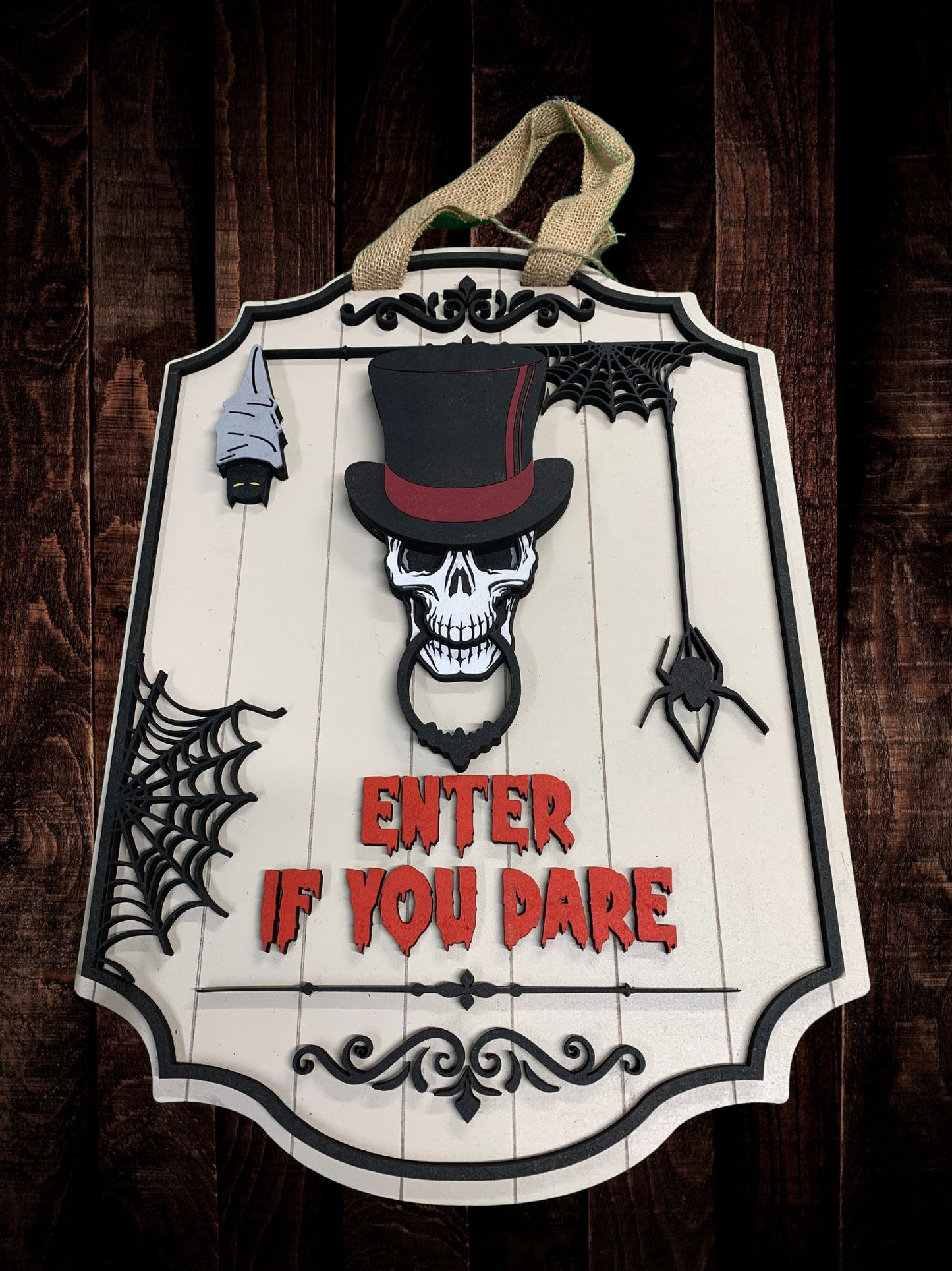 "Enter If You Dare" Skull, Bat, and Spider Door Sign