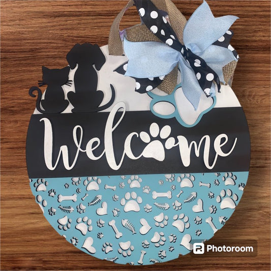 "Welcome" Cat, Dog, and Paw Door Sign