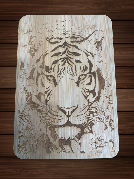 Laser Engraved Bamboo Cutting Board with Tiger Design – 6" x 8"