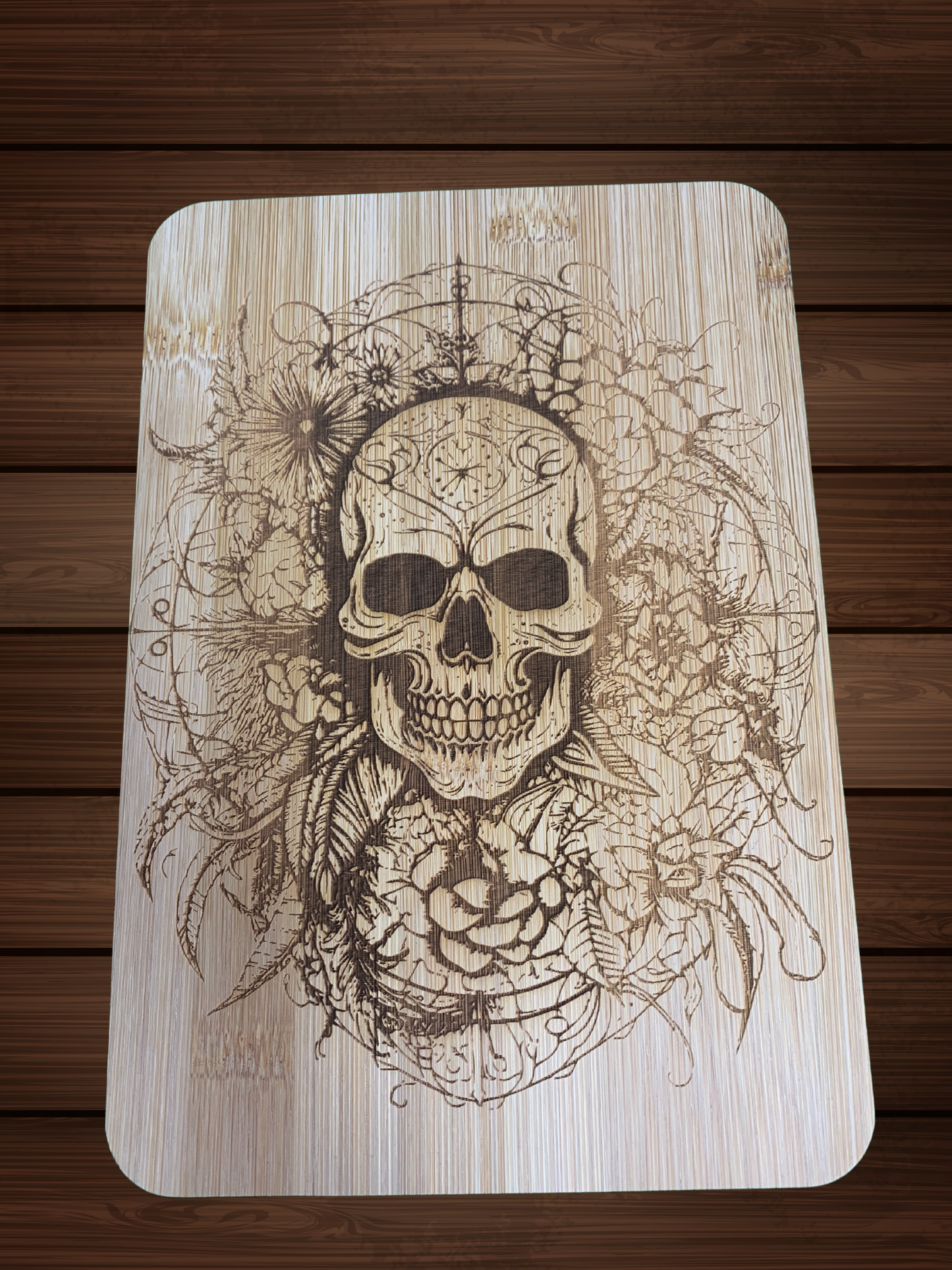 Laser Engraved Bamboo Cutting Board with Skull Design – 6" x 8"