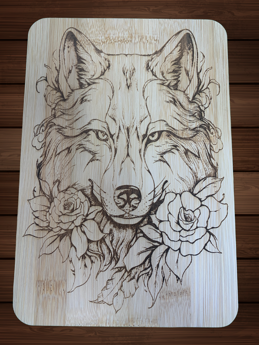 Laser Engraved Bamboo Cutting Board with Wolf Design – 6" x 8"