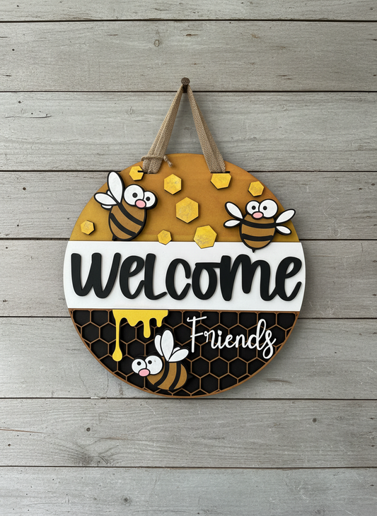Welcome Friends Bee Door Hanger – 3D Bee & Honeycomb Door Decor | Handmade Rustic Welcome Sign