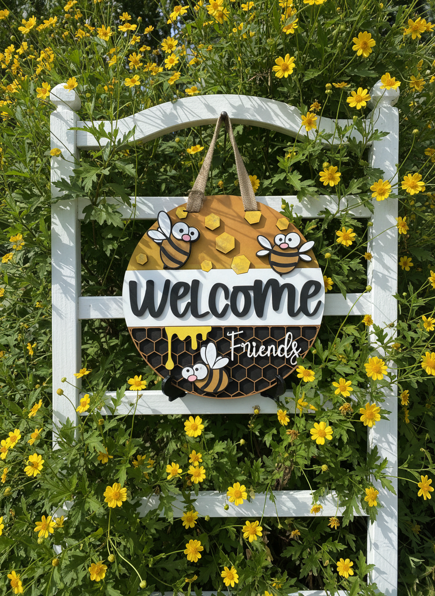 Welcome Friends Bee Door Hanger – 3D Bee & Honeycomb Door Decor | Handmade Rustic Welcome Sign