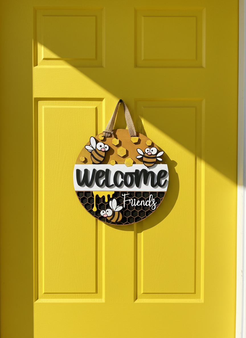 Welcome Friends Bee Door Hanger – 3D Bee & Honeycomb Door Decor | Handmade Rustic Welcome Sign