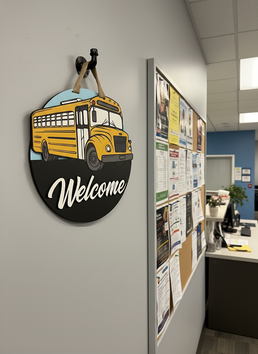 “Welcome Bus” Door Sign – Handcrafted Whimsical School Bus Décor
